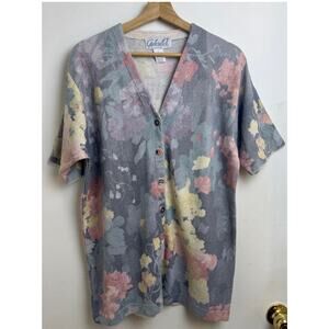 Gabriella T Pastel Floral Linen Blend Cardigan Sweater M Coquette Romantic Soft